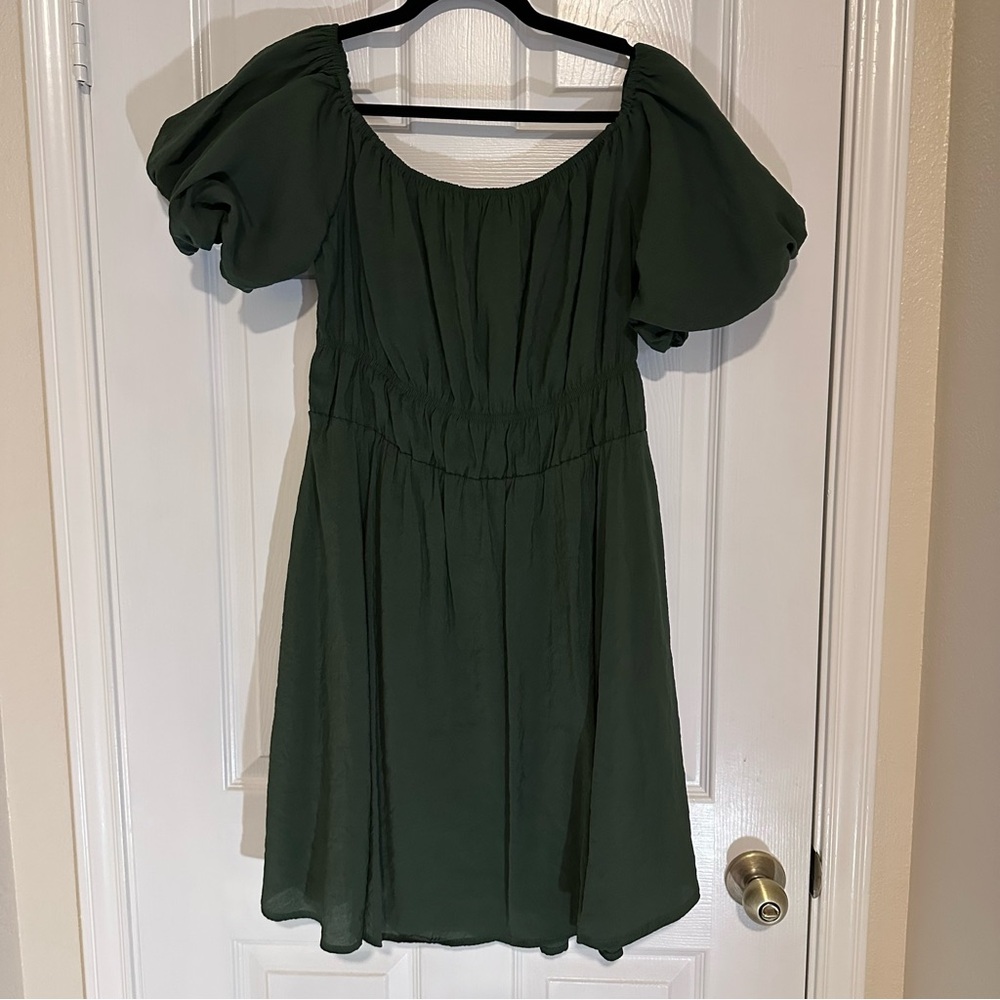 Amazon Dark Green Mini Dress with Puff Sleeves